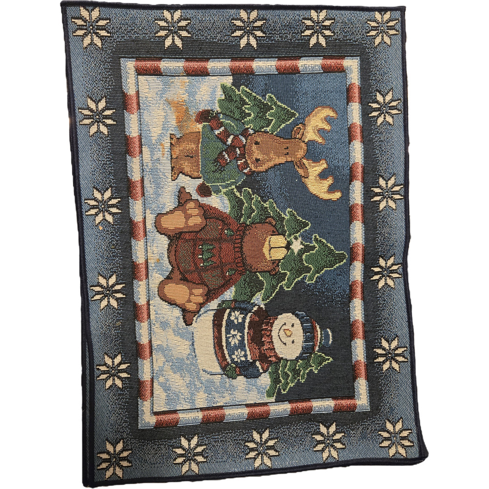 ​Winter Lodge Tapestry Placemats Set of 2 Moose Bear Snowman Woven Blue